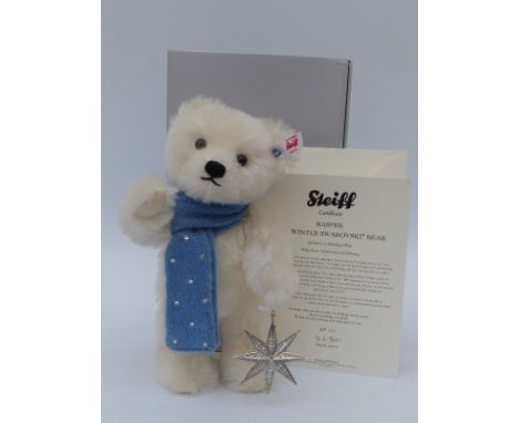 Steiff Teddy Bear Kasper the Winter Swarovski Bear with white mohair, gem set scarf and crystal set star, 26cm, limited editi