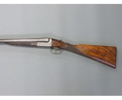 Samuel R Allport 12 bore side by side shotgun  with named and engraved locks, double trigger, chequered grip and forend, tear