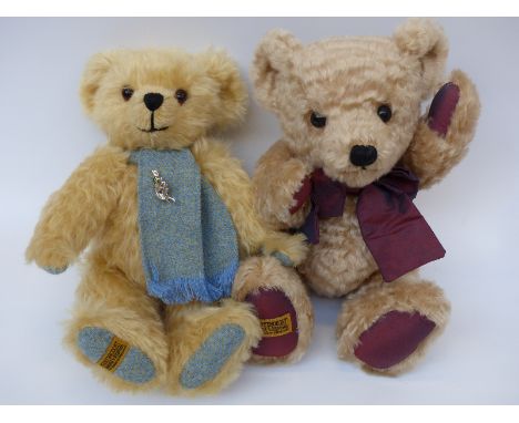 Two Merrythought Teddy bears, Harris with blonde mohair, blue tweed scarf and pads and jointed limbs, limited edition 204/950