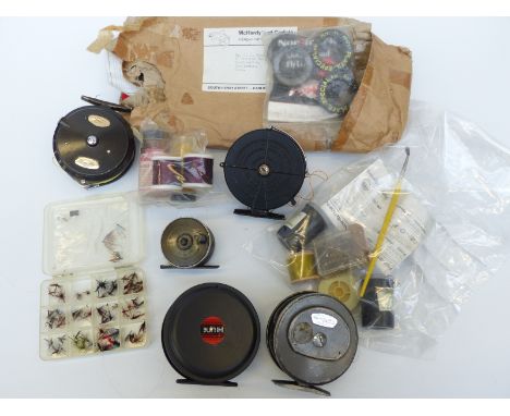 Four trout fishing fly reels, anonymous vintage reel, trout flies and accessories