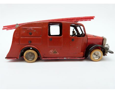 Tri-ang Minic clockwork tinplate London Fire Engine with red and black body, cream tyres, working headlights and original key
