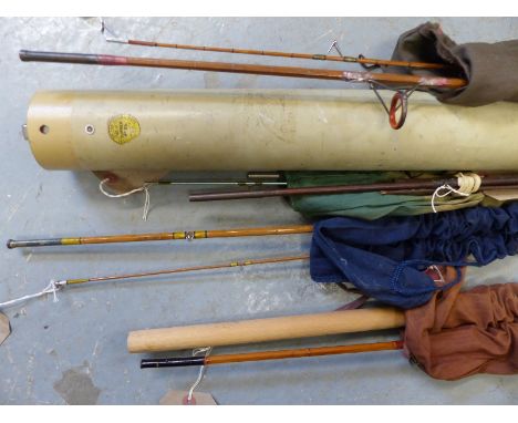 Vintage fishing rods including Hardy Glaskona, anonymous split cane and Greenheart fly rods, Poole and Son of Redditch, Arjon
