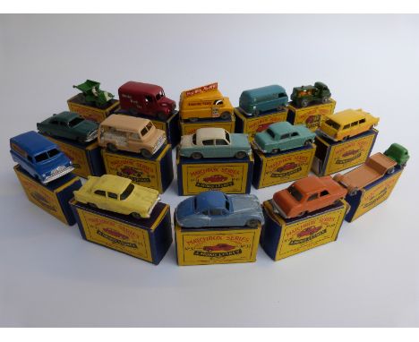 Fourteen Moko Lesney Matchbox diecast model vehicles, 25, 27, 28, 29, 30, 31, 32, 33, 34, 36, 42, 43, 45 and 47, all in origi