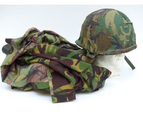 Kevlar camouflage helmet with two British camouflage jackets and one pair of camouflage trousers. Size medium