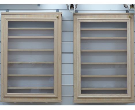 Two light wood display cabinets to suit model railway or similar, each approximately 80 x 55cm
