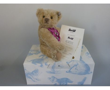 Steiff Teddy Bear Mr Vanilla 1906 replica with vanilla mohair, shaved snout, pink ribbon and jointed limbs, limited edition 7