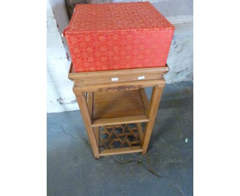 A Chinese bedside table with shelf below and an Eastern box, width 39cm