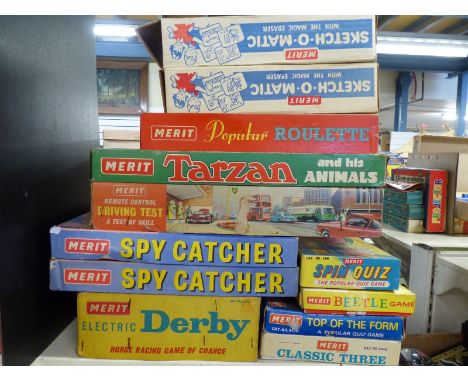 Twelve Merit vintage games including Electric Derby, Remote Control Driving Test, Tarzan, Sketch-O-Matic, Spy Catcher, Roulet