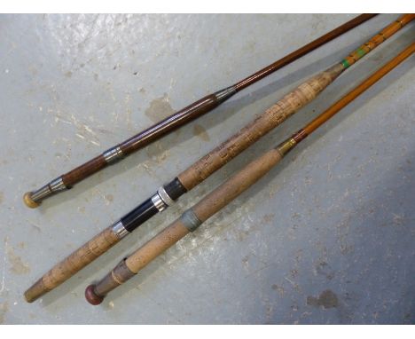 S.Allcock and Co split cane coarse or spinning rod, possibly Roach 10 feet together with two vintage cane rods with brass fit