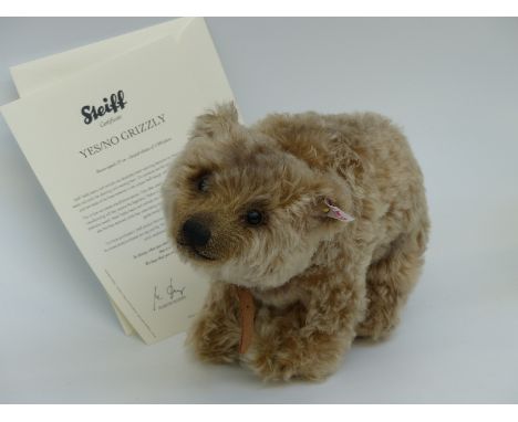 Steiff Teddy Bear Yes / No Grizzly with brown tipped mohair and brown collar, 27cm, limited edition 487/1500 with certificate