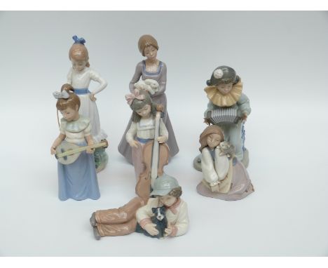 Seven Nao figures comprising musicians and children with pets etc