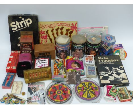 A collection of erotic and adult games including Strip Dice, Kinky Darts, nude playing cards, Zulu-Lulu swizzle sticks etc 