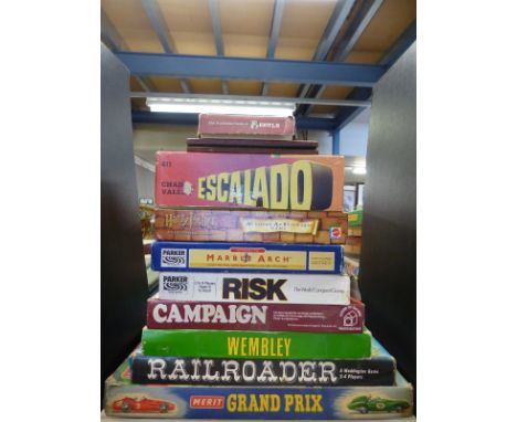 Ten various vintage games including Merit Grand Prix, Railroader, Wembley, Chad Valley Escalado etc