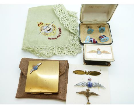 Three RAF and similar sweetheart brooches, RAF compact, cufflinks, napkin etc 