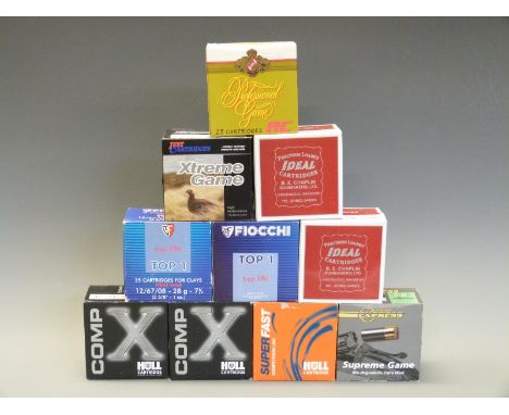 Two-hundred-and-fifty 12 bore shotgun cartridges including Fiocchi, Hull etc, all in original boxes. PLEASE NOTE THAT A VALID