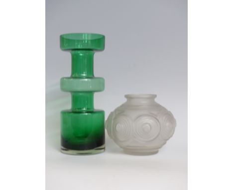 An Art Deco style frosted glass vase together with a vintage green Scandinavian style vase, tallest 18cm