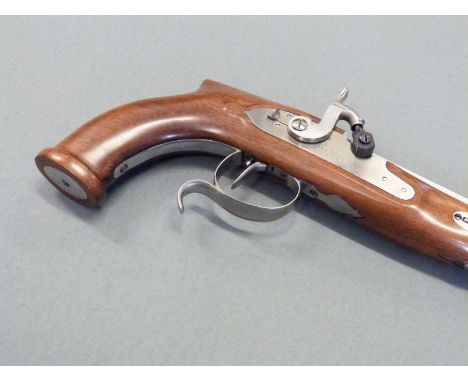 Pedersoli HW Mortimer & Son .44 percussion hammer action pistol with named lock, shaped grip, spurred trigger guard, open sig