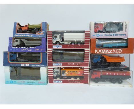 Ten Russian Elecon and similar 1:43 scale diecast model Kamaz commercial vehicles including military lorries, tankers etc, al