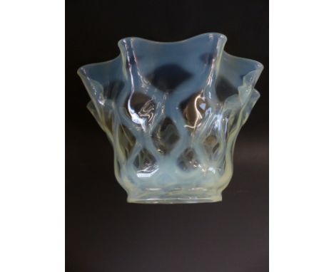 A Victorian vaseline glass light shade with crimped and crosshatched design, 14cm tall