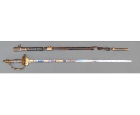 British 1796 pattern infantry officer's dress sword with parts of the original scabbard, the blued and gilded blade with engr