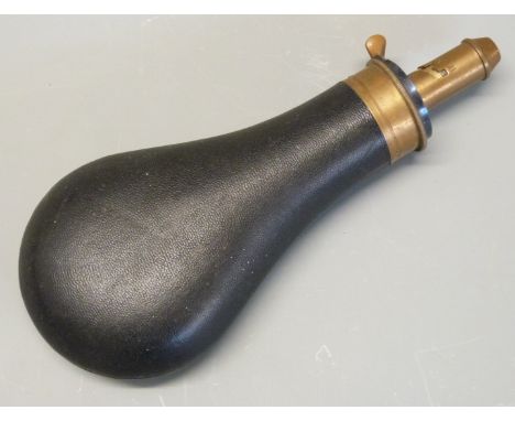 James Dixon & Sons for Parker Hale Ltd brass and leather covered metal powder flask, 20cm long. 