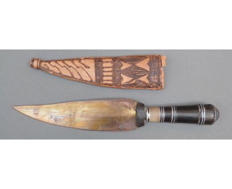 Tribal knife with another handle and leather covered wooden scabbard, blade length 18cm