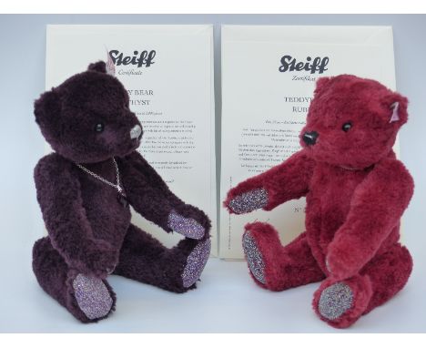 Steiff Teddy bear Ruby with red mohair, red heart necklace and glitter paws, 25cm, limited edition 620/ 2000 and Amethyst wit