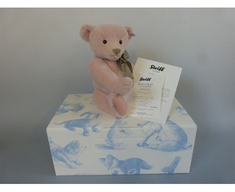 Steiff Teddy Bear Lily-Rose with pale pink mohair, shaved snout, green bow and jointed limbs, limited edition 73/1500, 33cm t