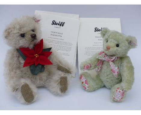 Steiff Teddy Bear Fleur with light green mohair, 26cm, limited edition 700/1500 and Steiff Teddy Bear Poinsettia with grey mo