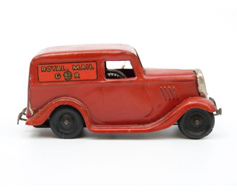 Tri-ang Minic clockwork tinplate Royal Mail Ford Light Van with red body, red transfers and key