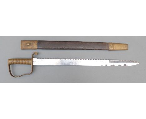 British Army 1856 pattern pioneers sawback sword with brass hilt, maker Wilkinson of London, in leather scabbard, blade lengt