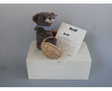 Steiff Teddy Bear Oktoberfest Pretzel Seller with grey mohair, basket, pretzel and jointed limbs, limited edition 395/1000, 2