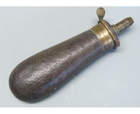 Sykes leather covered metal and brass powder flask, 18cm long. 