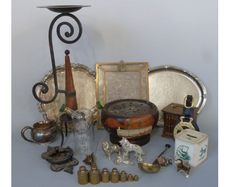 Two silver plate trays, a turned wooden bowl, sconce, brass weights, photo frame with Royal Army Medical Corps etc 