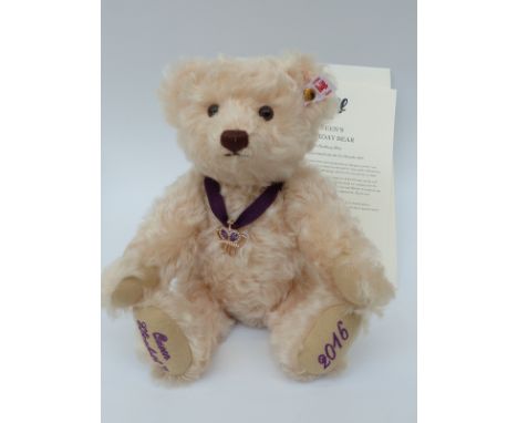 Steiff Teddy Bear Queen's 90th Birthday with pale pink mohair and crown necklace, limited edition 64, 28cm with certificate o