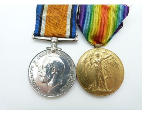 WWI medal pair comprising War and Victory medals named to 201056 Pte A E Joseph Shropshire Light Infantry 