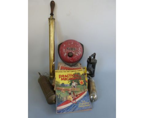 A fire bell, brass sprayer, two fire extinguishers, copies of Practical Mechanics, wooden train, The Ceag lamp etc 