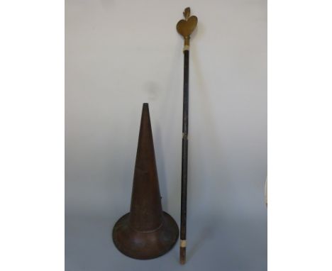 An Oddfellows brass tipstaff and a copper phonograph trumpet