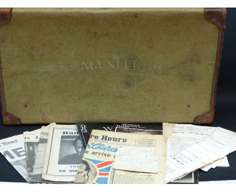 A vintage leather bound suitcase with Surg Lt Cdr M.A.Slee RNVR stencilled to face together with WWII ephemera 