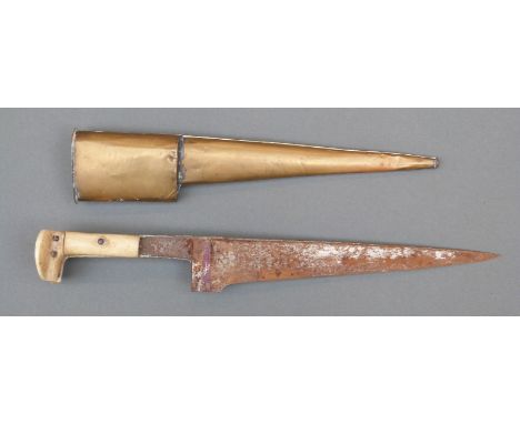 A 19thC Pesh Kabz dagger with 21cm blade, multi-coloured broad spine, shaped ivory handle and brass scabbard, overall length 