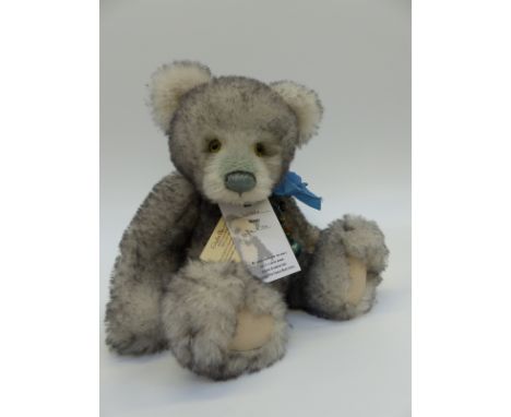 Charlie Bears Isabelle Collection Teddy Bear Wibble, with mottled grey mohair, bow with button and bell and jointed limbs, 35