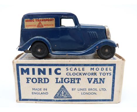 Tri-ang Minic clockwork tinplate Ford Light Van with blue body, gilt transfers and key, in original box