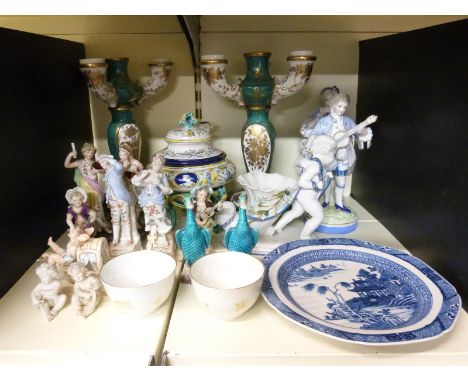 A collection of mainly German continental figures, parian piano babies, pair of French candelabra, first period Worcester tea