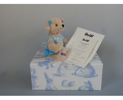 Steiff for Liberty teddy bear Isabel with vanilla mohair, blue floral dress and jointed limbs, UK, Ireland & Asia limited edi