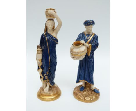 A pair of Royal Worcester figures of water carriers with puce back stamps, tallest 25cm