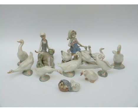 Lladro and Nao figures comprising eight geese and girl with dove, together with a similar German figure of a goose girl