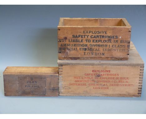 Three wooden cartridge or ammunition boxes including Eley Pinfire, Imperial Chemical Industries London etc. 
