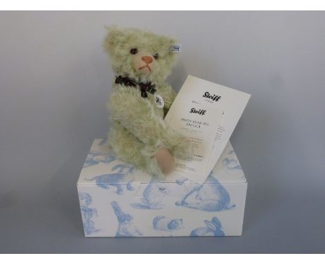 Steiff Teddy Bear 1925 replica with light green mohair, shaved snout, tartan ribbon and jointed limbs, limited edition 590/19