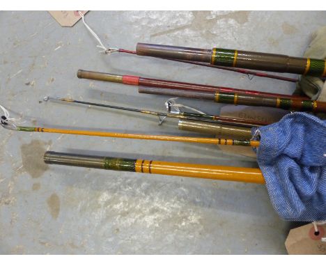 Vintage fly fishing rods including two Eignside Hereford salmon spinning and fly rods, Pezon et Michel of Paris fly rod, Abu 