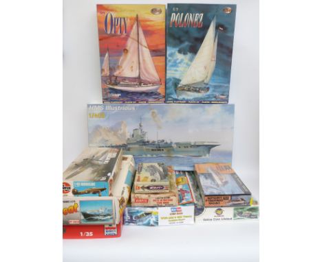 Eleven Airfix, Heller, ESCI and similar model boat and aeroplane kits including 1:400 scale HMS Illustrious, Oakley Class Lif